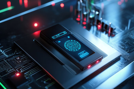 A sleek device displays advanced fingerprint recognition technology amid a high-tech environment, embodying innovation.の写真素材