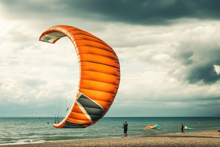 A vibrant orange kite soars above a serene beach as people enjoy the windy day, with dark clouds gathering.の写真素材