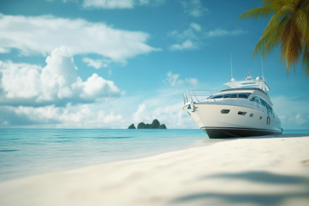 A sleek yacht rests near a sandy beach surrounded by calm waters and distant rock formations.の写真素材