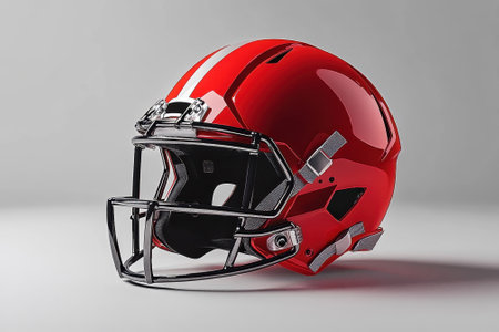 A striking red football helmet rests against a plain background, highlighting its sleek and modern design elements.の写真素材