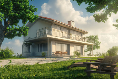 A contemporary house stands peacefully amidst vibrant greenery, basking in warm sunlight, perfect for relaxation.の写真素材