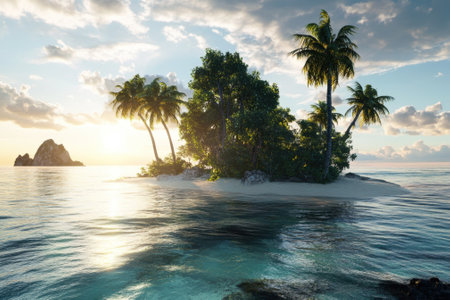 A tranquil island features lush palm trees, golden sunlight, and gentle waves at sunset, inviting relaxation.の写真素材