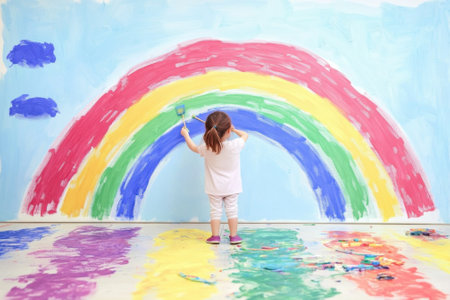A young child happily paints a large rainbow on a studio wall, surrounded by colorful art supplies.の写真素材