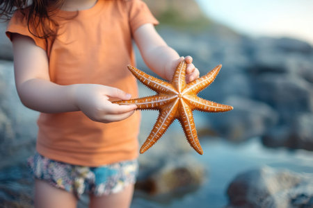 A child joyfully holds an orange starfish at the water's edge, exploring marine life during sunset.の写真素材
