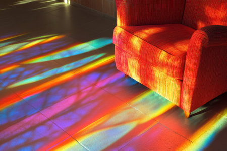 Rays of sunlight create colorful reflections on the floor next to a cozy red armchair in a bright room.の写真素材