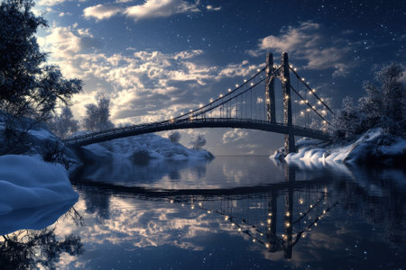 A stunning winter evening showcases an illuminated bridge over calm water, surrounded by snowy banks and trees.の写真素材