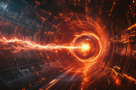 Bright electric energy radiates from the center of a swirling tunnel, creating a mesmerizing visual display.の写真素材