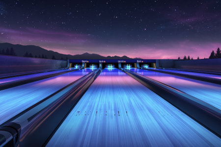 Bright neon lights illuminate bowling lanes in a modern alley against a stunning night sky with stars.の写真素材