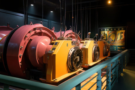 Brightly lit industrial machinery operates in a power generation facility during nighttime hours.の写真素材