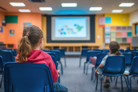 Two students listen attentively as a presentation is displayed on a large screen in a colorful classroom setting.の写真素材