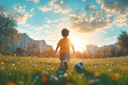A child in a yellow shirt jogs across a flower-filled field, heading toward the glowing sunset.の写真素材
