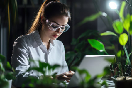 Focused researcher examines data on laptop amidst lush plants in a dimly lit laboratory environment.の写真素材