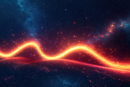 A glowing wave of light traverses rolling hills under a starry sky, evoking a sense of wonder and depth.の写真素材