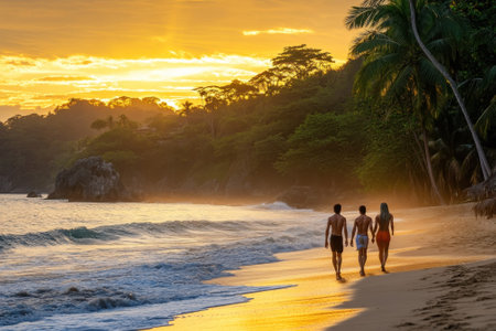 Three friends stroll together on a sandy beach while watching the stunning sunset over the ocean.の写真素材