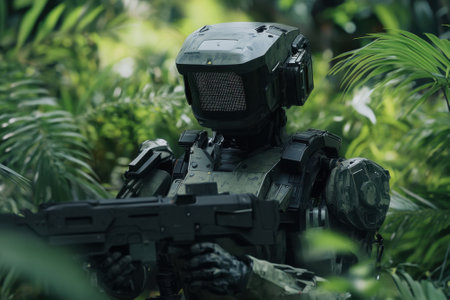 A combat-ready robotic figure is positioned among thick greenery, scanning the surroundings in a tense atmosphere.の写真素材