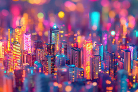 A bustling cityscape showcases bright, colorful lights reflecting urban energy at nighttime.の写真素材
