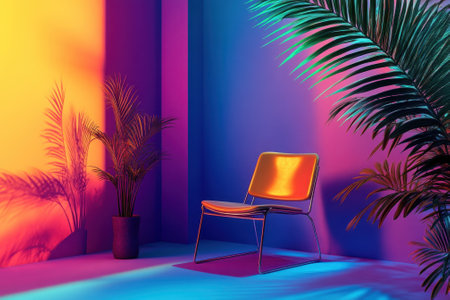 A striking corner features a shiny chair and lush tropical plants, illuminated by vibrant colored lights.の写真素材