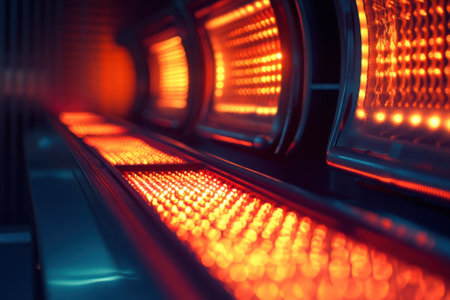 Warm orange lights create a cozy atmosphere in a contemporary indoors, highlighting sleek designs.の写真素材