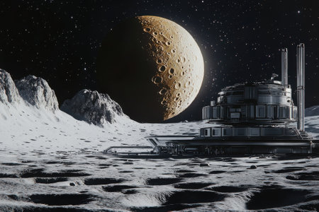 A sleek lunar base is built on the moon's surface, illuminated by a large moon in the cosmos above.の写真素材