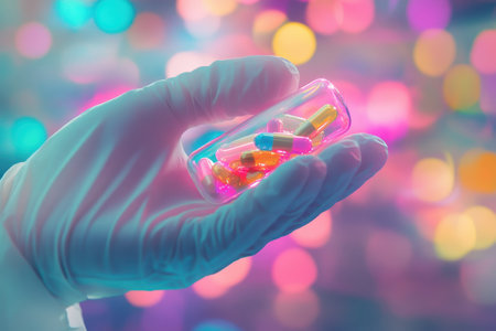 A gloved hand carefully holds a capsule with various colored pills amid a blurred, colorful background.の写真素材