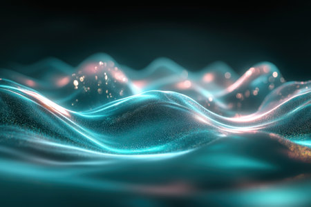 Turquoise and pink waves undulate softly, resembling an otherworldly underwater scene with glowing elements.の写真素材