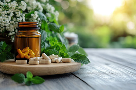 Colorful herbal capsules are spread next to a jar on a wooden surface surrounded by lush plants.の写真素材
