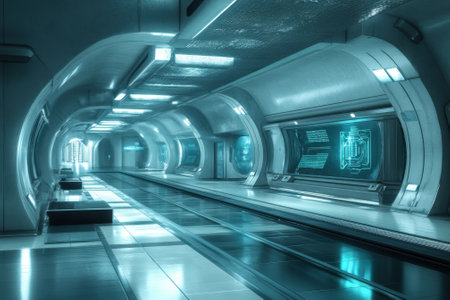A sleek corridor with illuminated walls and high-tech screens showcases a futuristic design feel.の写真素材