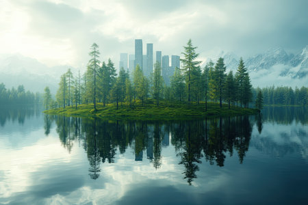 Amidst a serene lake, an island lush with trees mirrors a modern skyline, shrouded in morning mist.の写真素材