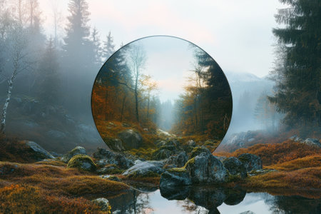 A circular mirror reflects a tranquil forest scene featuring autumn colors and misty surroundings.の写真素材