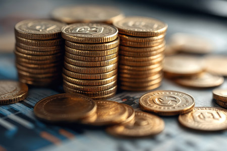 Gold coins are stacked neatly on a surface, highlighting their gleaming surfaces and intricate designs.の写真素材