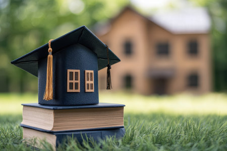 A graduation cap sits atop stacked books on grass, with a house visible in the background.の写真素材