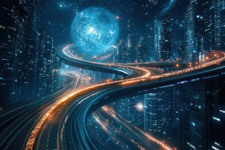 Vibrant city filled with towering buildings, illuminated highways, and a striking blue moon above.の写真素材