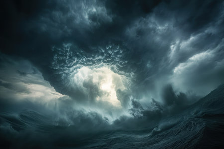 Powerful waves rise fiercely beneath swirling clouds, creating an intense and atmospheric view at dusk.の写真素材