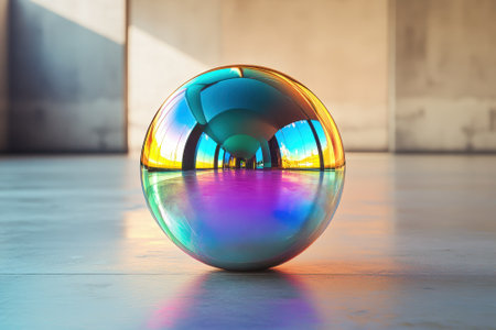 A reflective sphere sits on a smooth floor, displaying vibrant colors and shadows from surrounding architecture.の写真素材