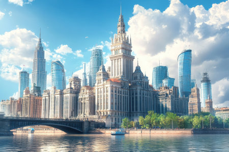 Skyscrapers and historic buildings line the riverbank, showing the city's dynamic blend of old and new.の写真素材