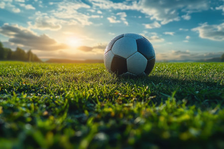 The soccer ball sits on green grass as the sun sets, casting warm light across the landscape.の写真素材