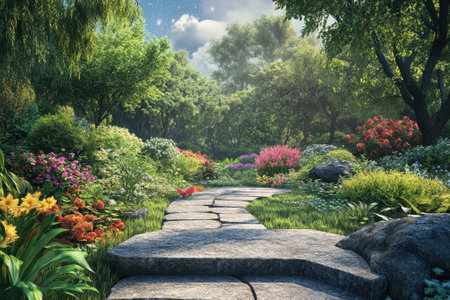 A serene pathway winds through a colorful garden filled with blooming flowers and lush foliage.の写真素材