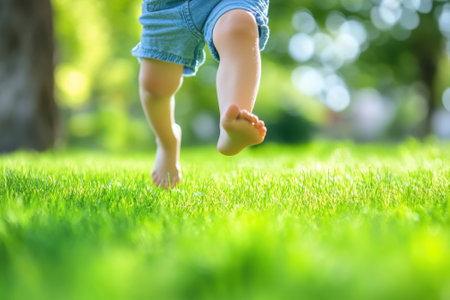 A toddler joyfully runs barefoot through vibrant green grass in a sunny outdoor setting.の写真素材