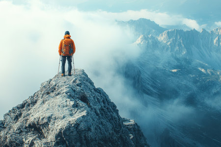 A lone hiker stands atop a rocky peak, gazing at the expansive mountain range shrouded in clouds.の写真素材