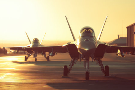 Two military jets are lined up on the runway, ready for takeoff against a backdrop of a stunning sunset.の写真素材