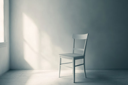 A simple white chair stands alone in a softly lit room, bathed in natural sunlight from a nearby window.の写真素材