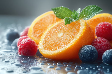 Slices of orange are adorned with mint leaves, surrounded by fresh berries on a glistening surface.の写真素材