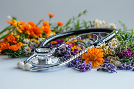 A stethoscope lies among vibrant flowers, merging themes of health and nature together elegantly.の写真素材