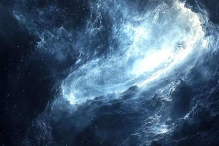 Swirling clouds of cosmic dust create a luminous effect in the night sky of a distant galaxy.の写真素材