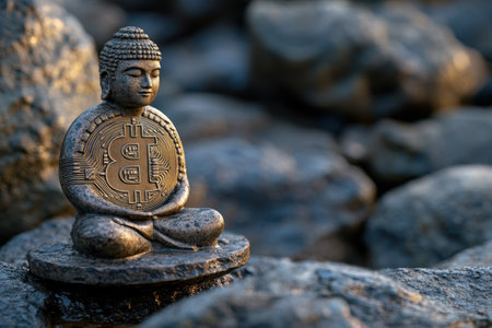 The statue of Buddha, adorned with a Bitcoin symbol, sits peacefully among rugged stones in soft light.の写真素材
