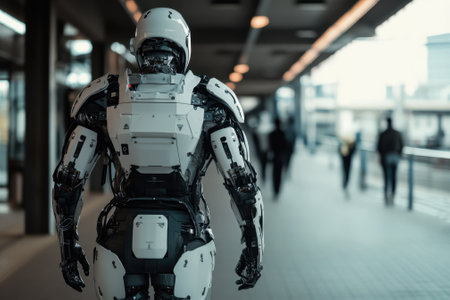 A humanoid robot stands in a busy urban setting, observing passersby in a modern cityscape.の写真素材