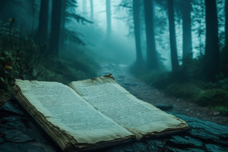 An open book lies on a mossy stone along a forest trail shrouded in mist during early morning light.の写真素材