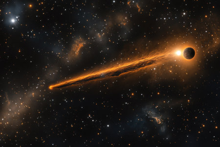 A comet streaks through the cosmos, leaving a fiery trail as it approaches a mysterious celestial body.の写真素材