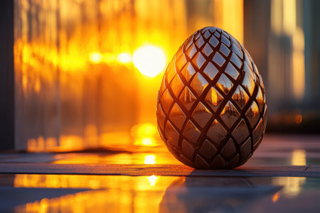 A decorative golden egg stands on a surface as the sun sets, casting warm hues and reflections.の写真素材