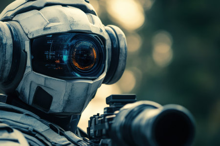 A robotic soldier equipped with advanced weaponry prepares for mission in a dense forest setting.の写真素材